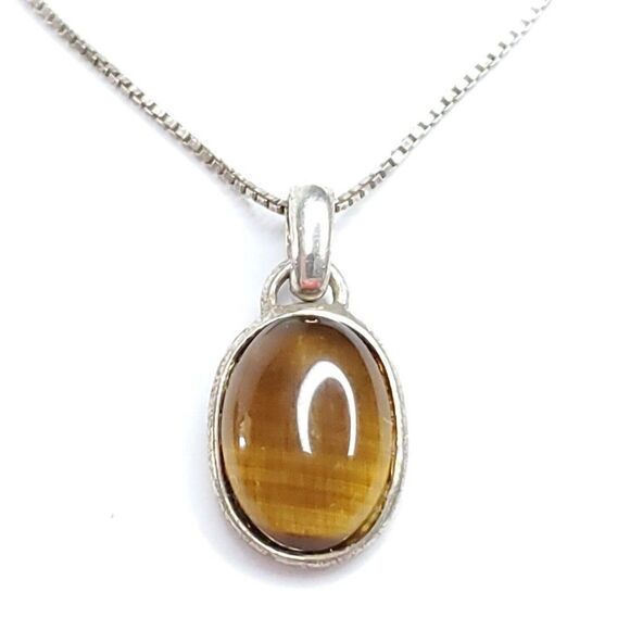 Sterling Silver Oval Framed Tigers Eye Cabochon Pendant Necklace Box Chain - Picture 1 of 3